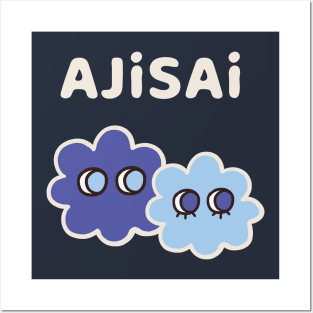 AJISAI - Cryptic Nihongo - Cartoon Hydrangea with Japanese (Dark) Posters and Art